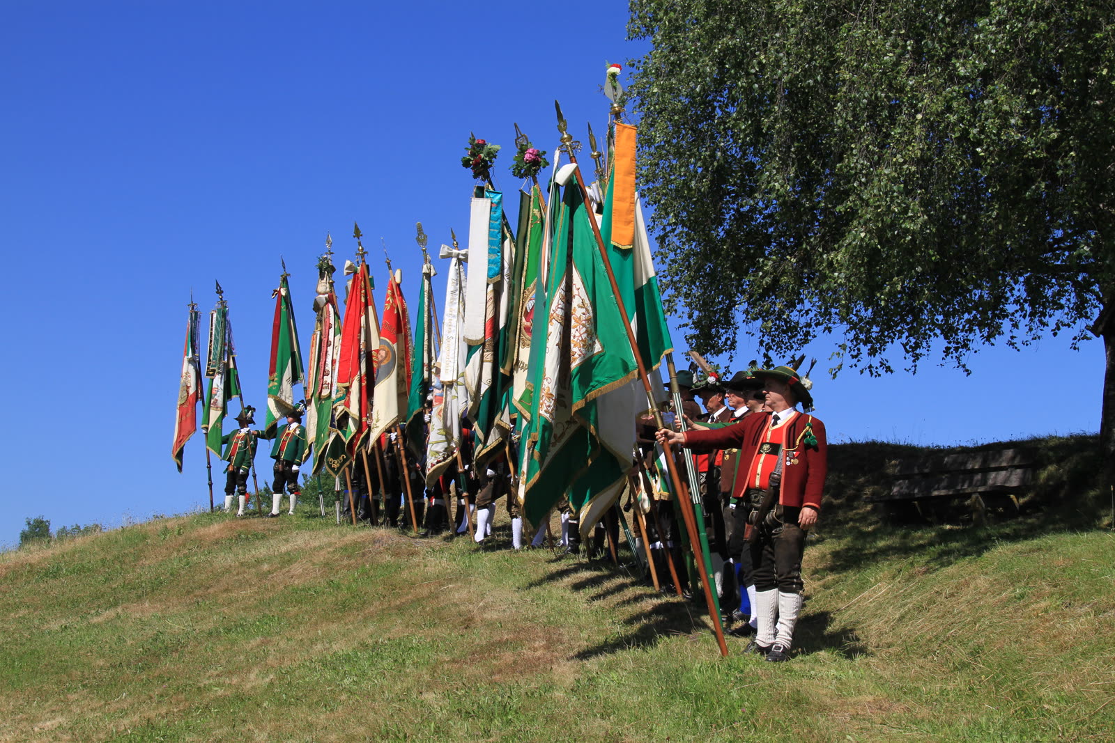 Fahnenabordnungen mehrerer Schützenkompanien bei blauem Himmel auf einer Wiese beim Bezirksschützenfest in Tulfes